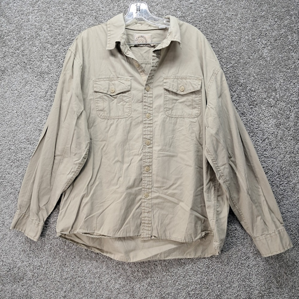 GH Bass Earth Mens‎ XL Khaki Tan Cotton Utility Button Down Shirt Long Sleeve